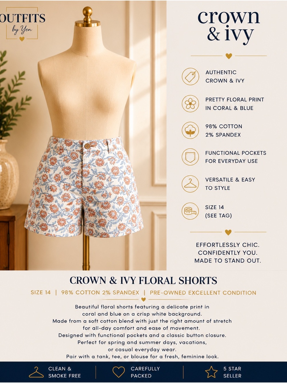 crown & ivy Coral and Blue Floral Cotton Shorts